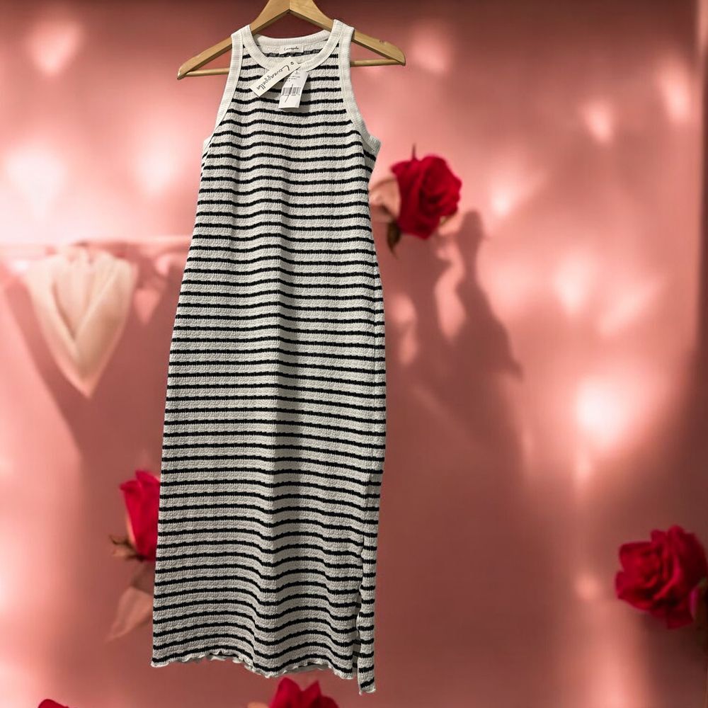 Loveappella Striped Textured Knit Maxi Dress Tank Style Sleeveless Black White M